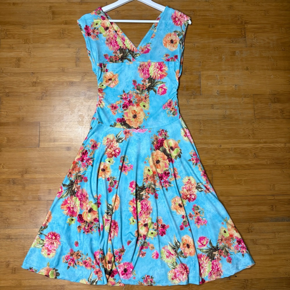 Vintage Ruby Women's Floral Print Fit and Flare V-Neck Dress‎ Sleeveless Size L - Picture 2 of 7